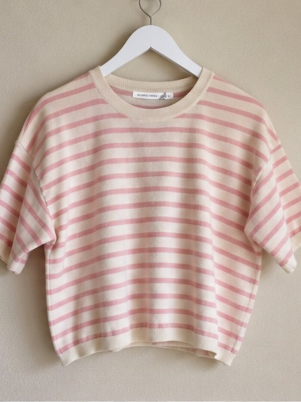 Altar’d State Pink Cream Striped Cropped Knit Sweater Women’s L Short Sleeve